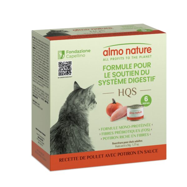 Almo Nature Hqs - Formule Chat Soutien Digestif - Recette De Poulet et potiron En Sauce 4 Boîtes De 6 x 50gr