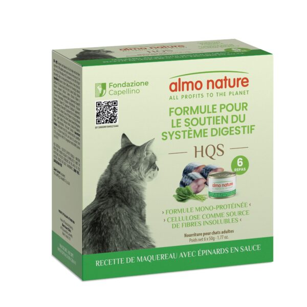 Almo Nature Hqs - Formule Chat Soutien Digestif - Recette De Maquereau et Épinard En Sauce 4 Boîtes De 6 x 50gr