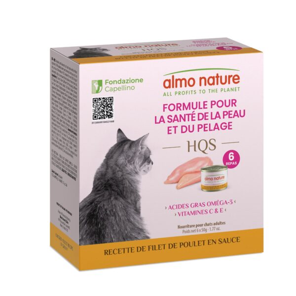Almo Nature Hqs - Formule Chat Soutien Peau et pelage - Recette De Poulet de poulet En Sauce 4 Boîtes De 6 x 50gr