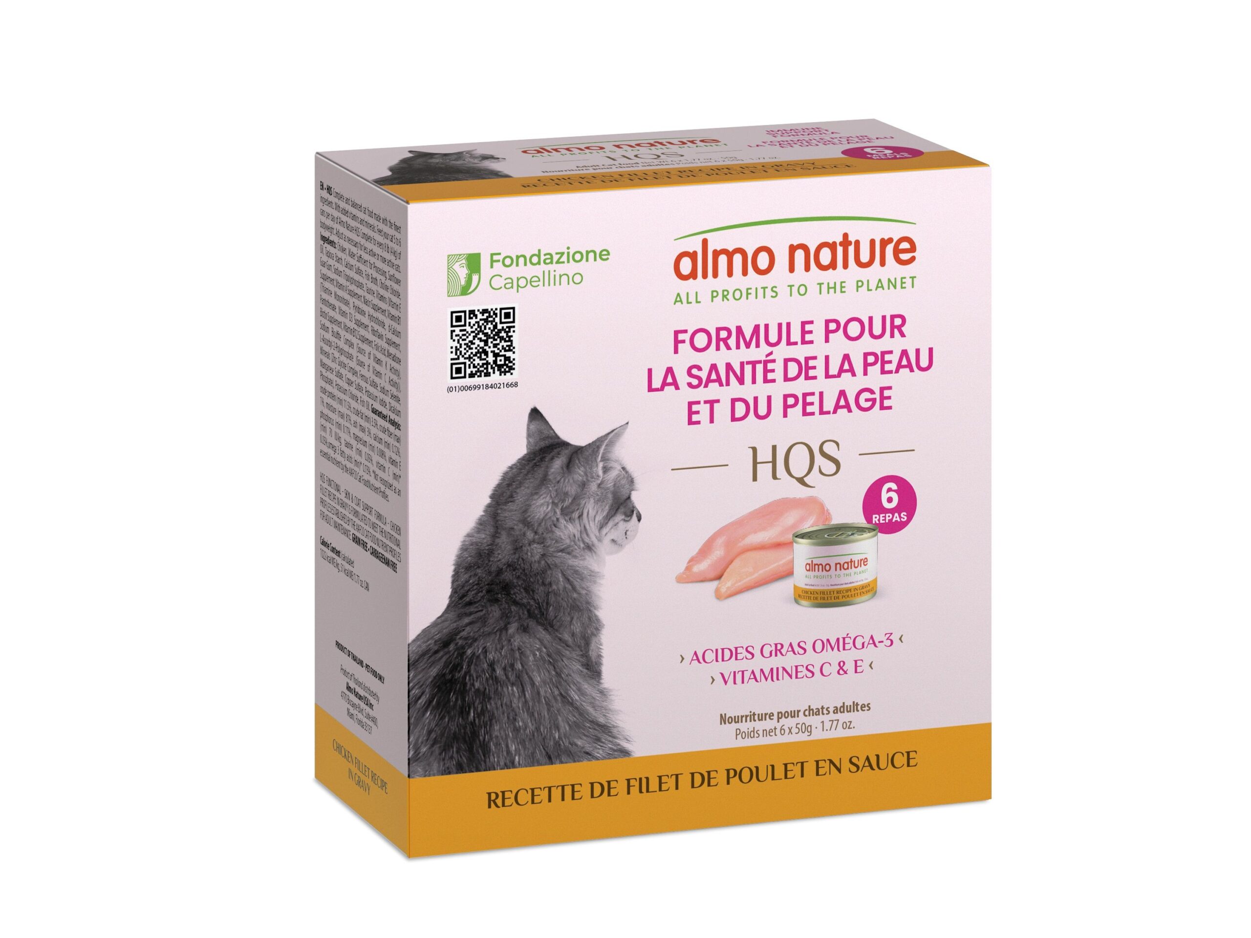 Almo Nature Hqs - Formule Chat Soutien Peau et pelage - Recette De Poulet de poulet En Sauce 4 Boîtes De 6 x 50gr