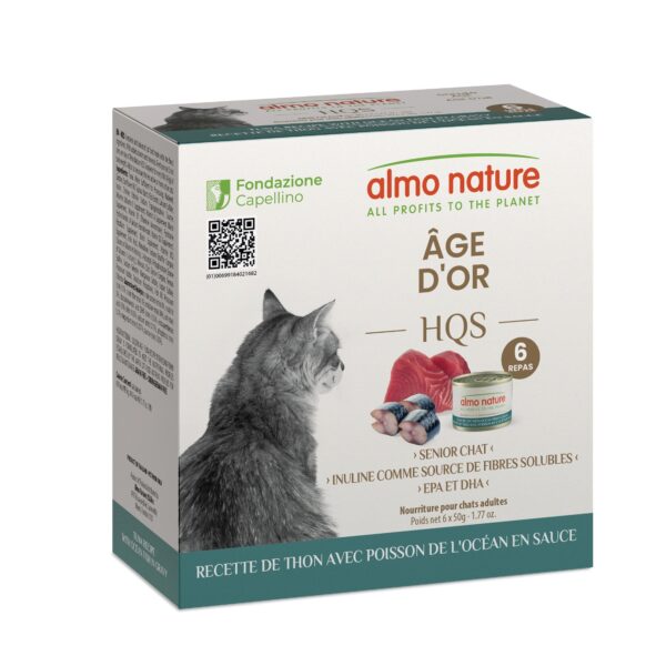 Almo Nature Hqs - Formule Chat âge D'or Digestif - Recette De Thon Avec Poisson De L'océan En Sauce | Boîte de 6 x 50gr