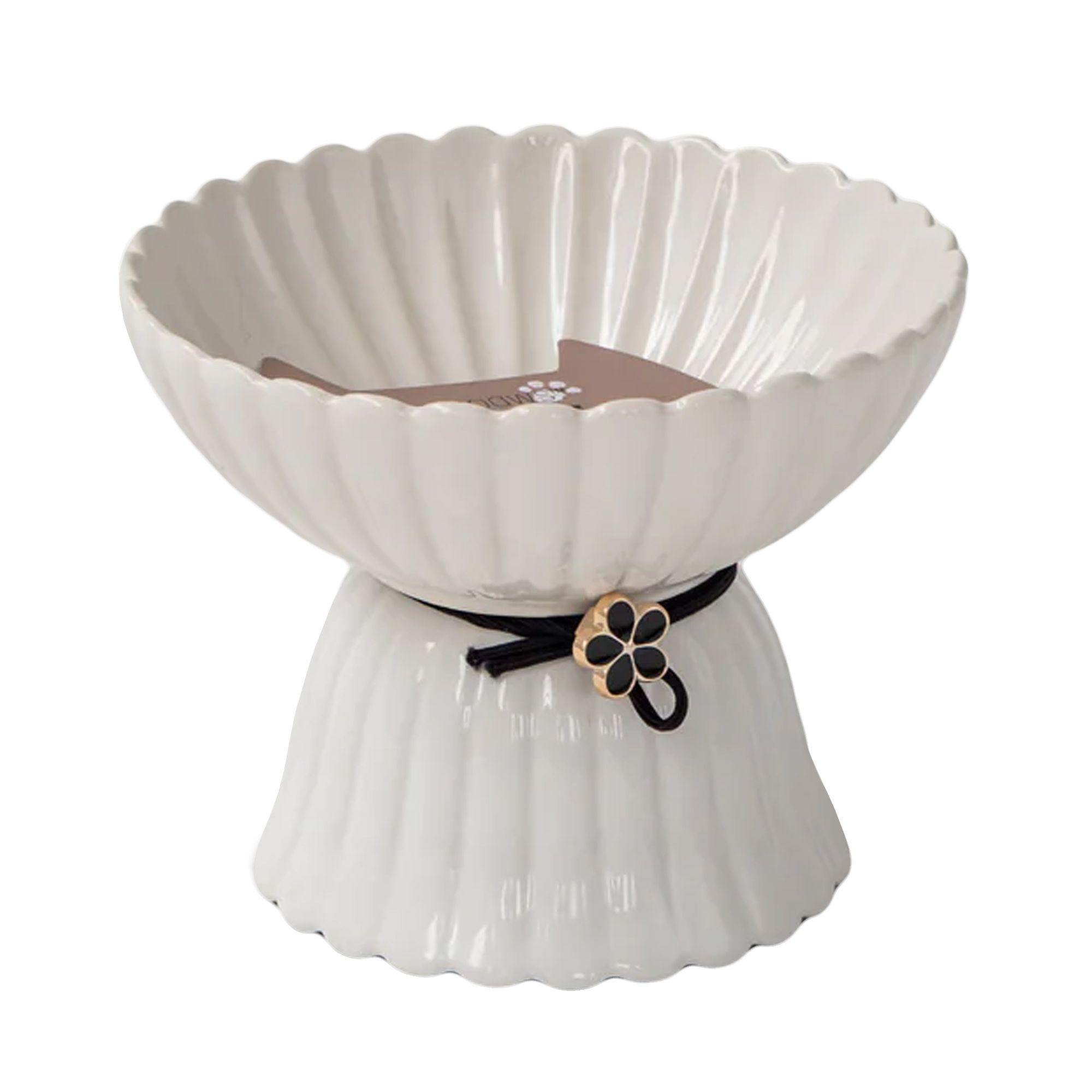 Dexypaws Bol Surélevé En Céramique Pour Chat 8,45oz - Blanc Dentellé Avec Fleur Noire