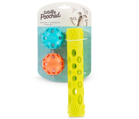 Messy Mutts - Ensemble de 3 jouets pour chien "Totally Pooched / Huff'n Puff" - 2 balles + 1 bâton