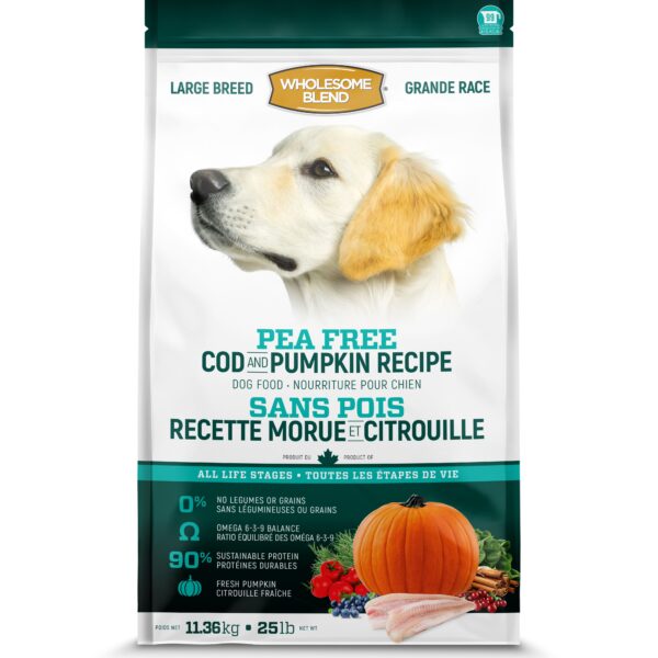 Wholesome Blend - Nourriture pour chien Grande Race | Sans pois - Morue et citrouille - 11.36kg (25 lbs)