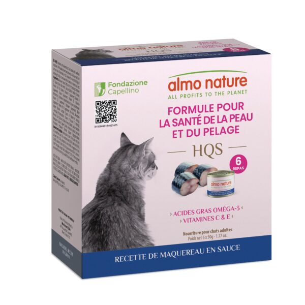 Almo Nature Hqs - Formule Chat Soutien Peau et pelage - Recette De Maquereau En Sauce | Boîtes De 6 x 50gr