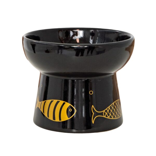 Dexypaws Bol Surélevé En Céramique Pour Chat 7oz - Noir Avec Imprimé De Poissons Dorés