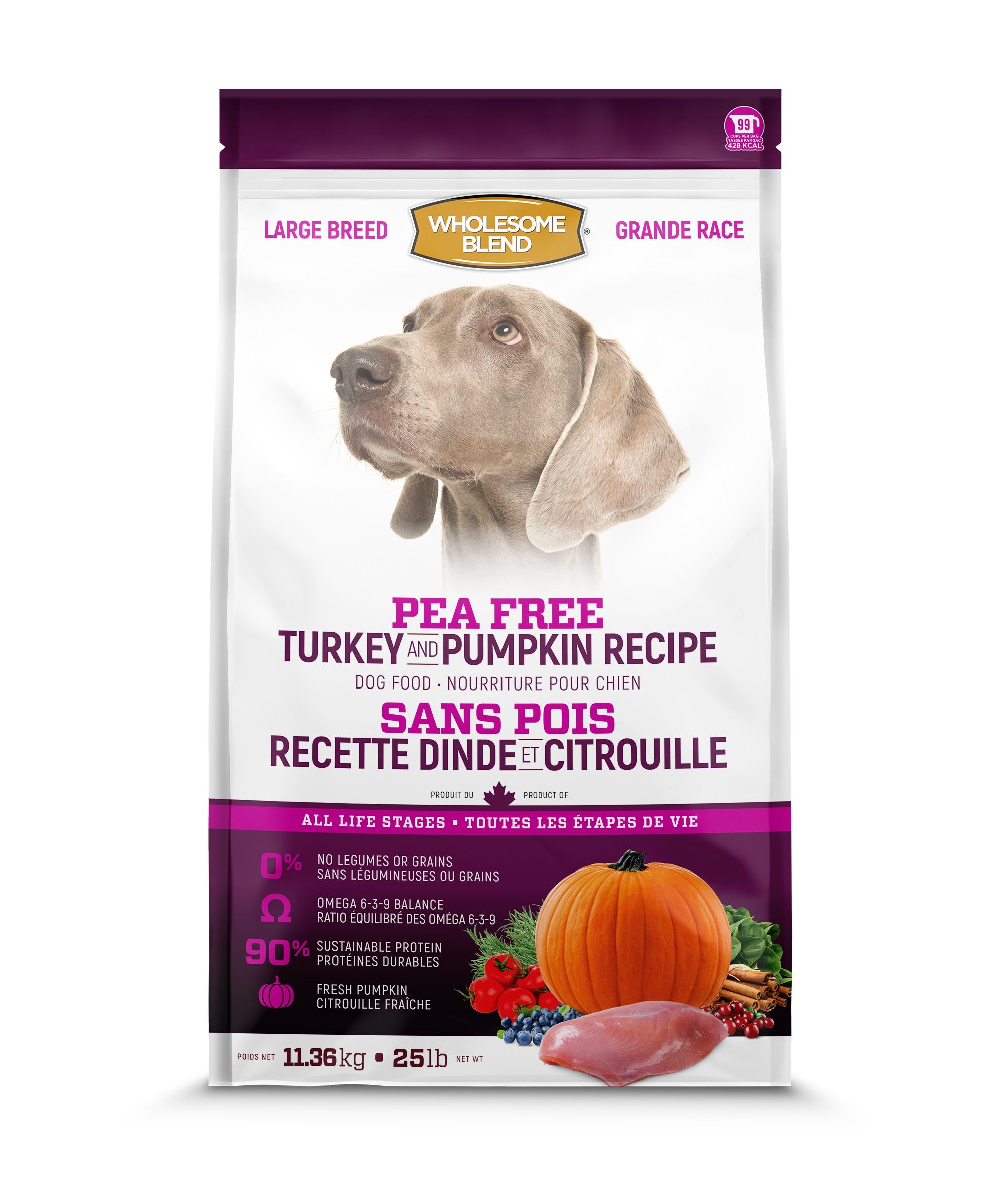 Wholesome Blend - Nourriture pour chien Grande Race | Sans pois - Dinde et citrouille - 11.36kg (25 lbs)